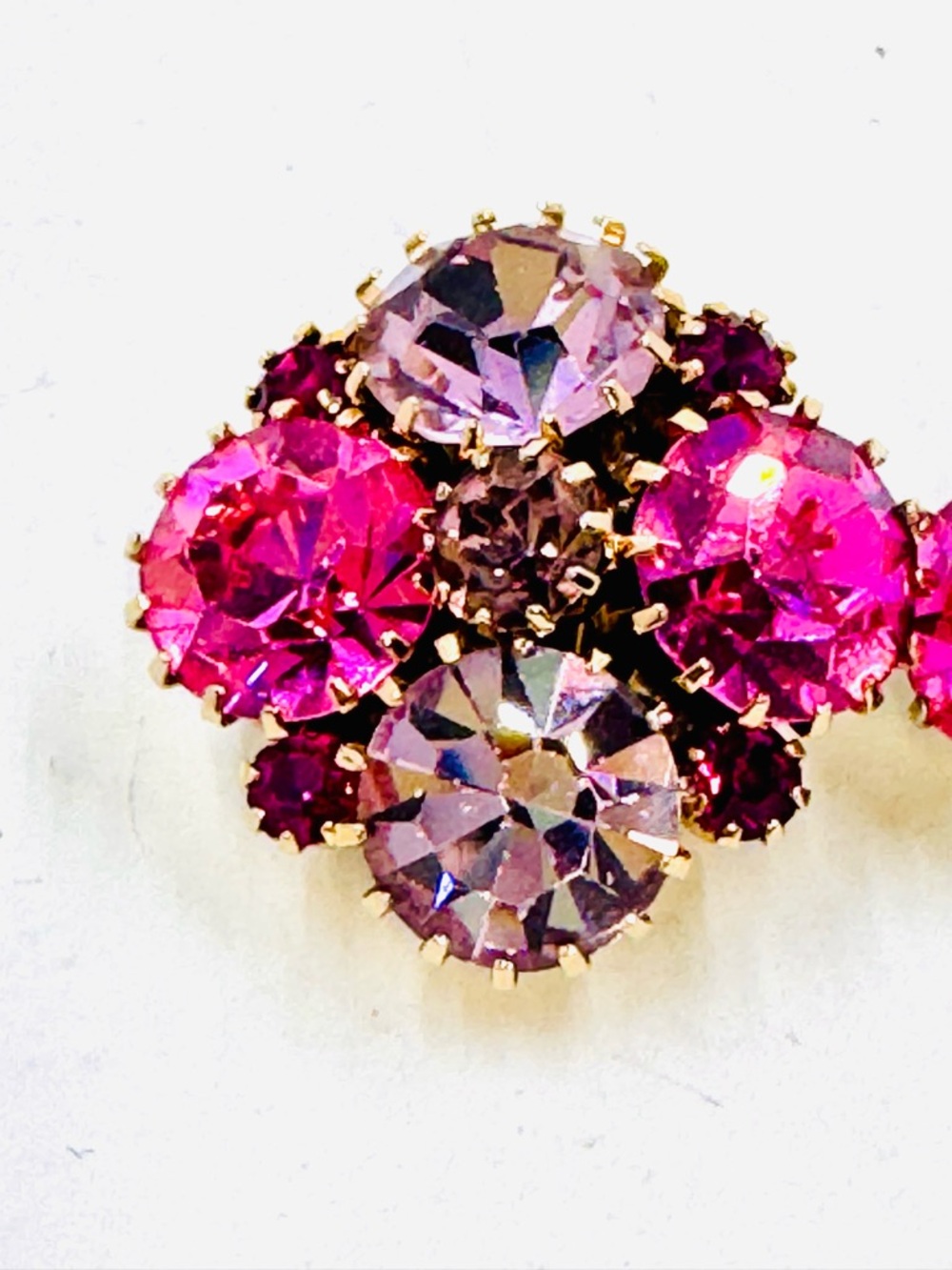 WEISS Signed Vintage Pink & Lavender Cluster Crystal Rhinestone Clip On Earrings - Picture 2 of 4